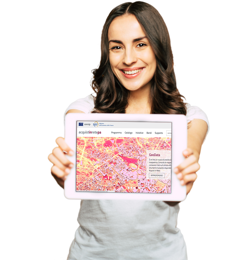 Rappresenta una ragazza con un computer con immagine della home page del MePA